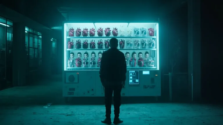 Uomo davanti a distributore automatico di cuori e avatar artificiali, concetto di amore digitale e AI.
